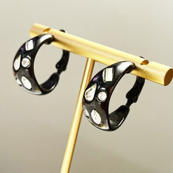 Goldette Vintage Black & Rhinestone Hoop Earrings - Picture 3 of 5